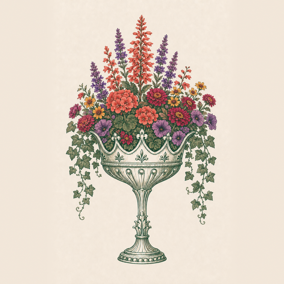 Summer flowers arranged in The Planter Queen's signature crown planter